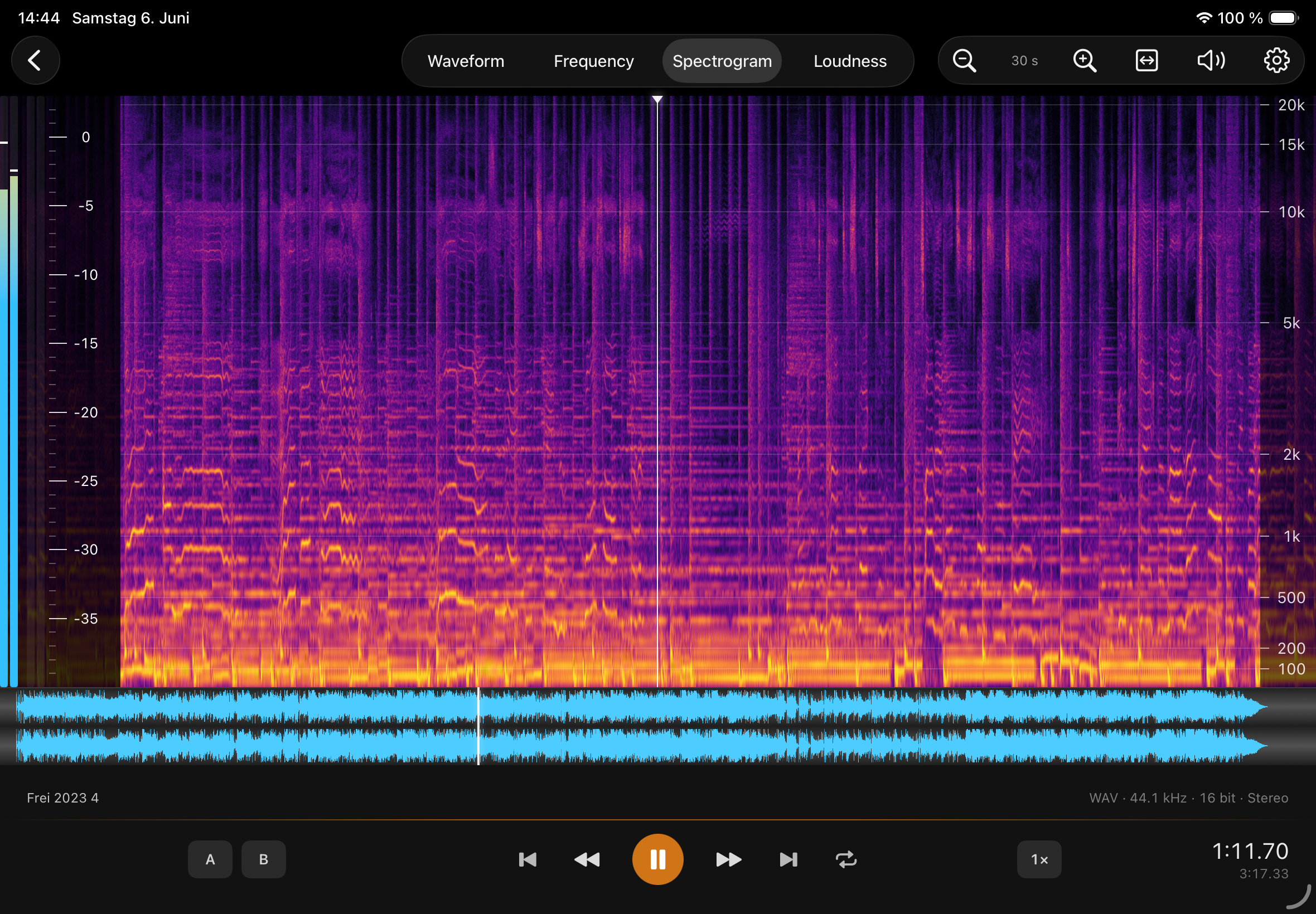 Studio Spectrogram view: high-resolution spectrogram with magma palette, frequency axis from 20 Hz to 20 kHz.