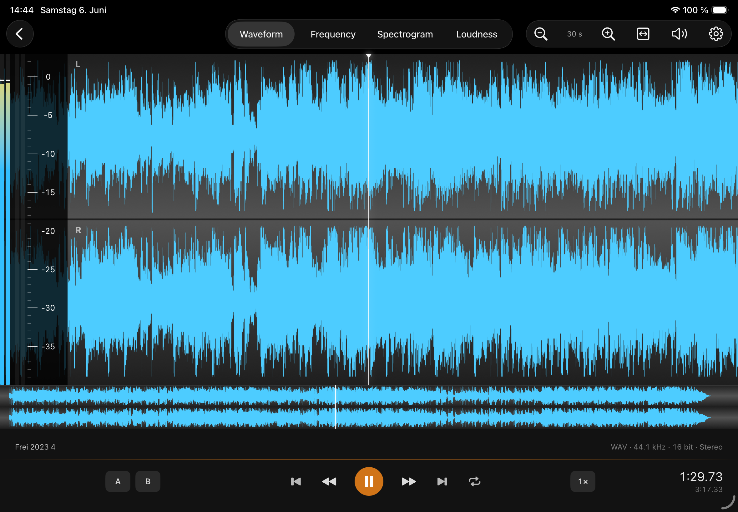 Studio Waveform view: stereo waveform of the opened file with A/B loop markers, scrubbable playhead and transport controls.